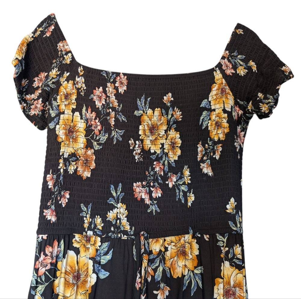 Black floral maxi dress, cap sleeve off the shoulder